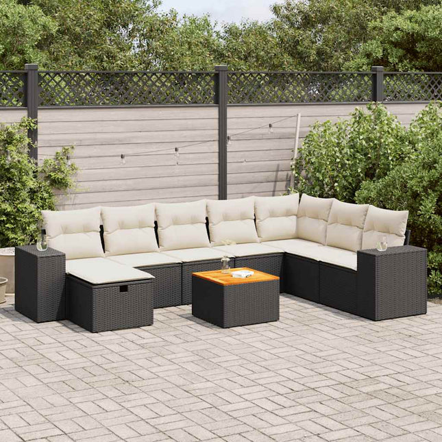 9-delige Loungeset met kussens poly rattan zwart