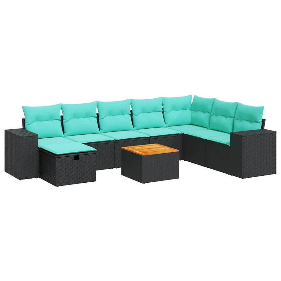 9-delige Loungeset met kussens poly rattan zwart