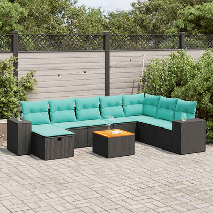 9-delige Loungeset met kussens poly rattan zwart