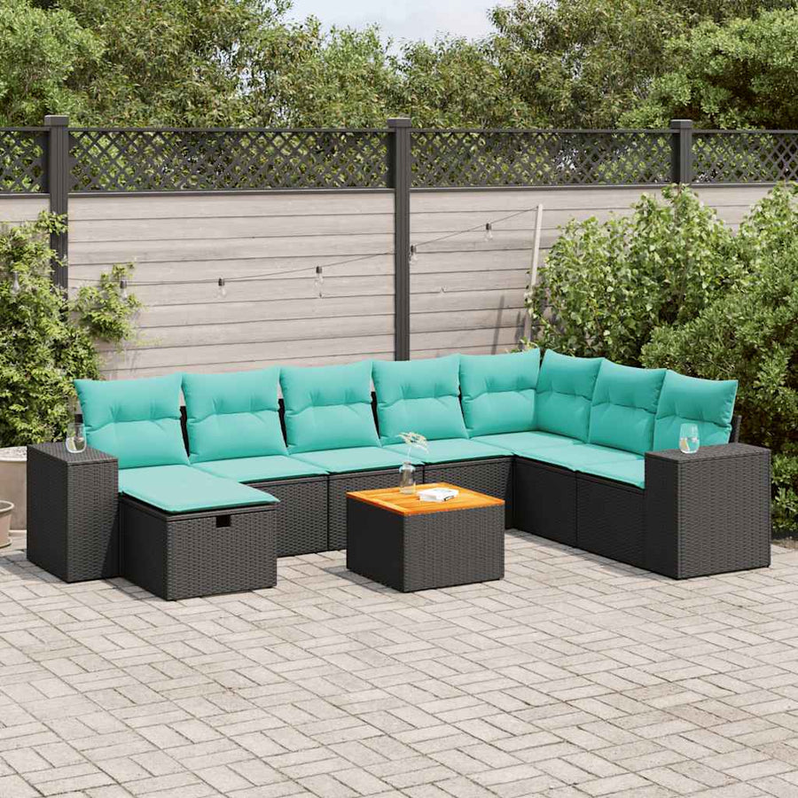 9-delige Loungeset met kussens poly rattan zwart