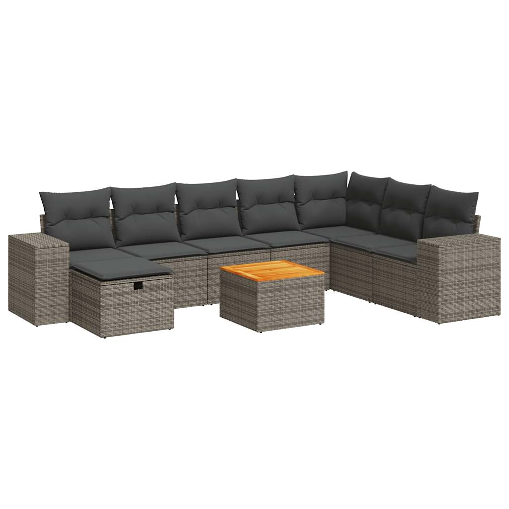 9-delige Loungeset met kussens poly rattan grijs