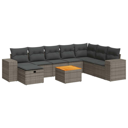 9-delige Loungeset met kussens poly rattan grijs