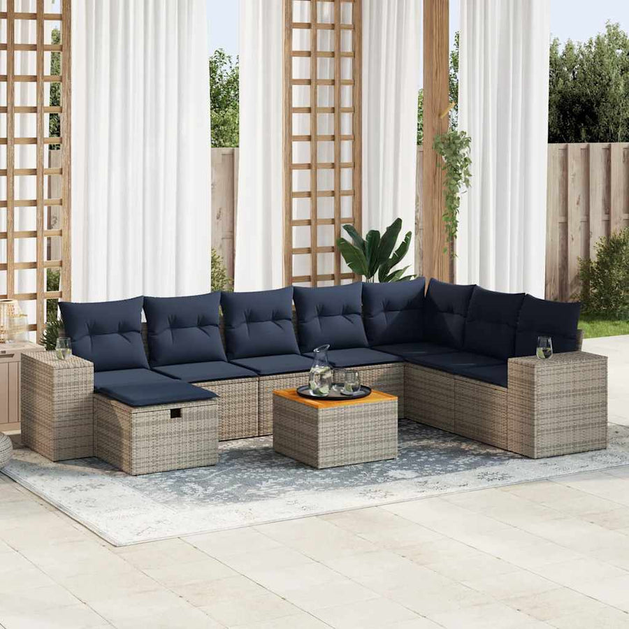 9-delige Loungeset met kussens poly rattan grijs