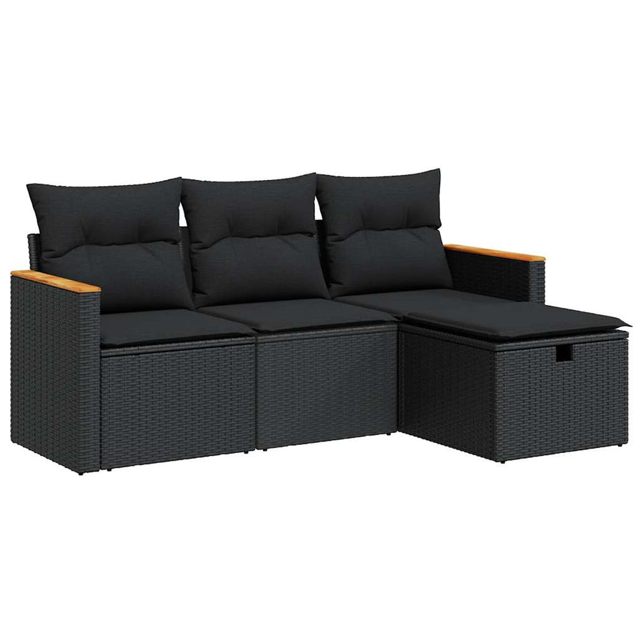 4-delige Loungeset met kussens poly rattan zwart