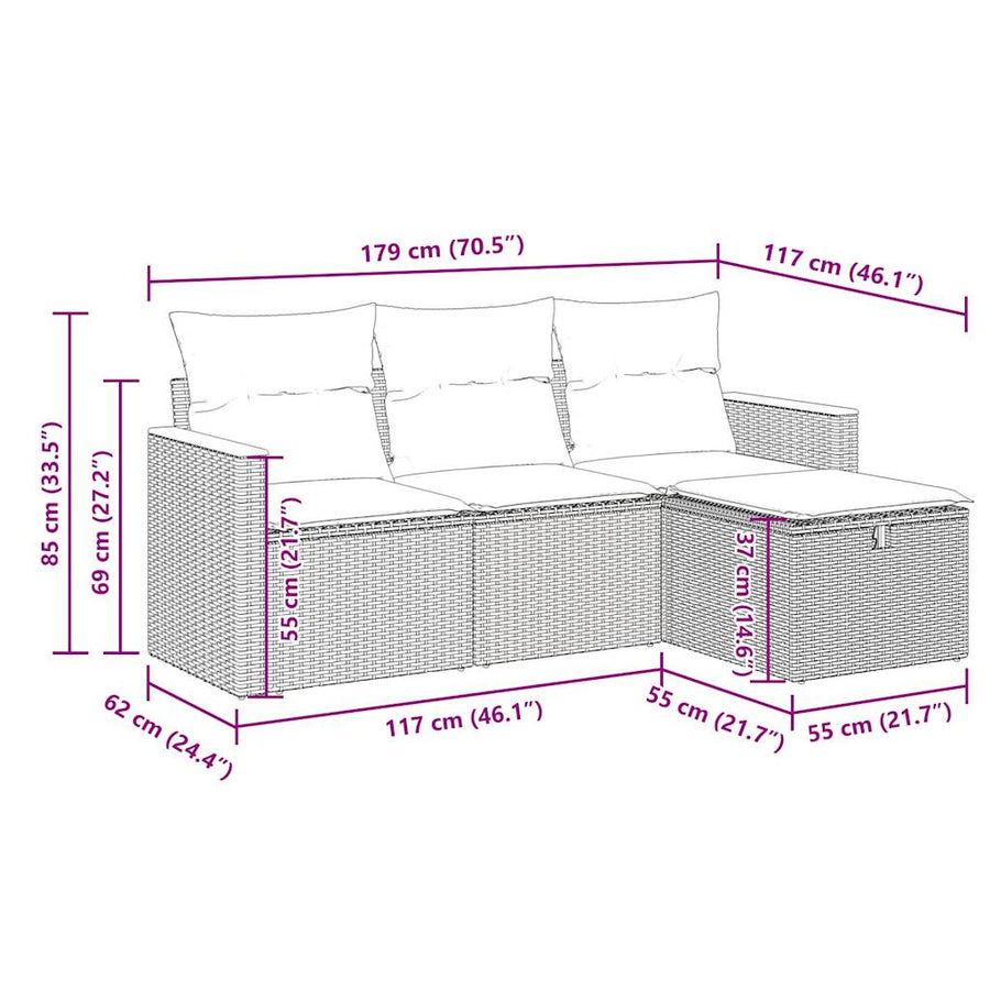4-delige Loungeset met kussens poly rattan zwart