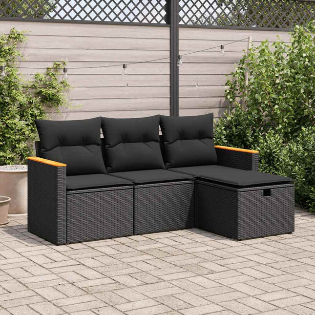 4-delige Loungeset met kussens poly rattan zwart