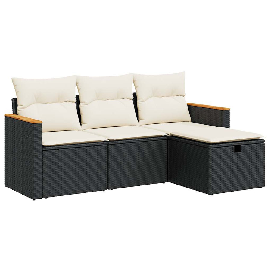 4-delige Loungeset met kussens poly rattan zwart