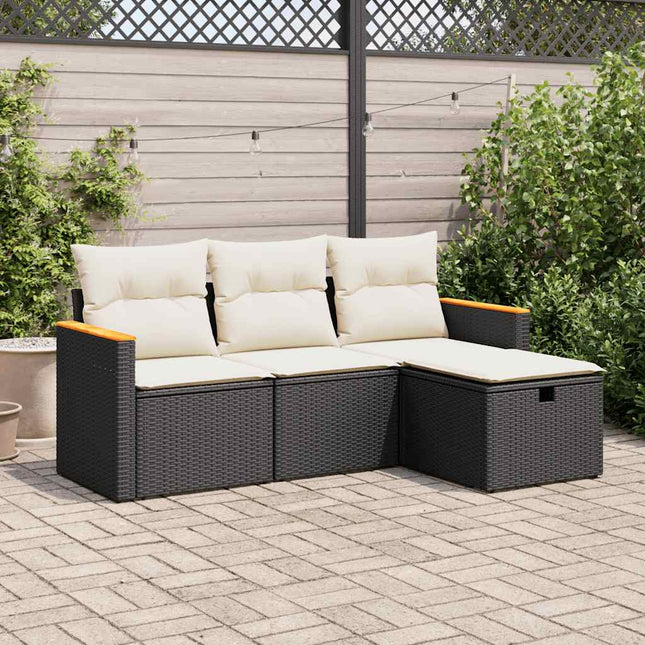 4-delige Loungeset met kussens poly rattan zwart