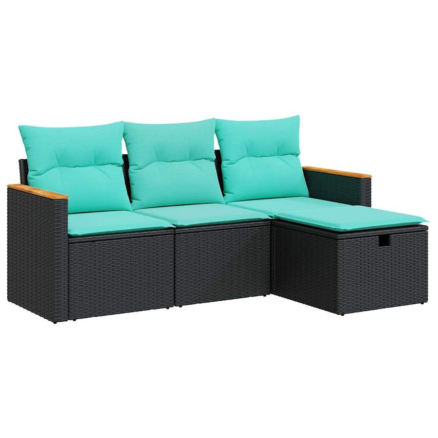 4-delige Loungeset met kussens poly rattan zwart