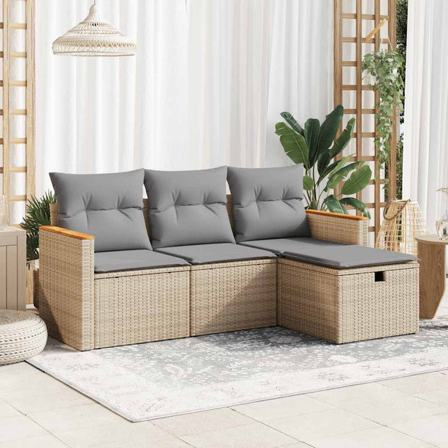 4-delige Loungeset met kussens poly rattan beige