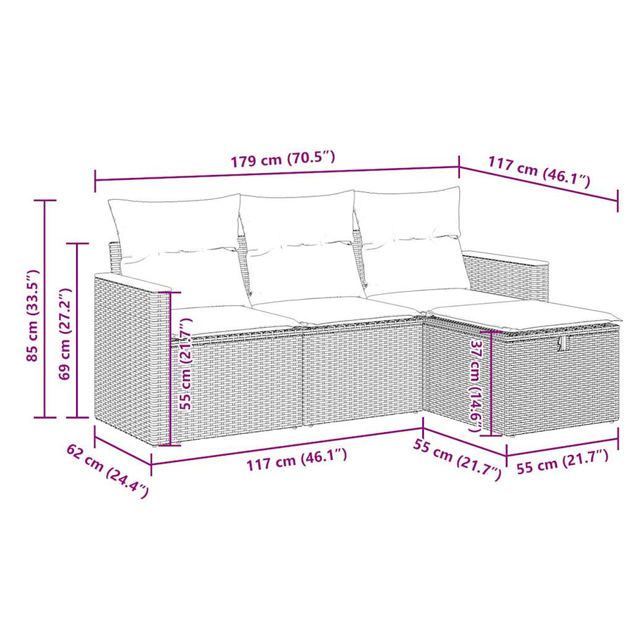 4-delige Loungeset met kussens poly rattan grijs