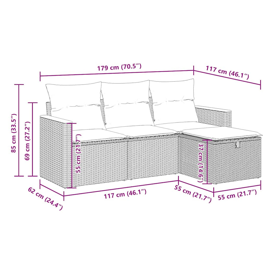4-delige Loungeset met kussens poly rattan grijs