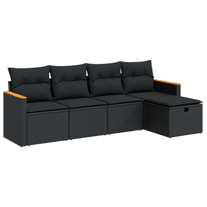 5-delige Loungeset met kussens poly rattan zwart
