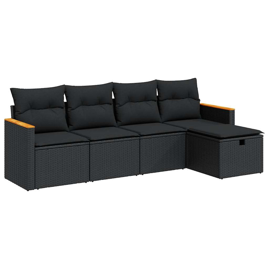 5-delige Loungeset met kussens poly rattan zwart