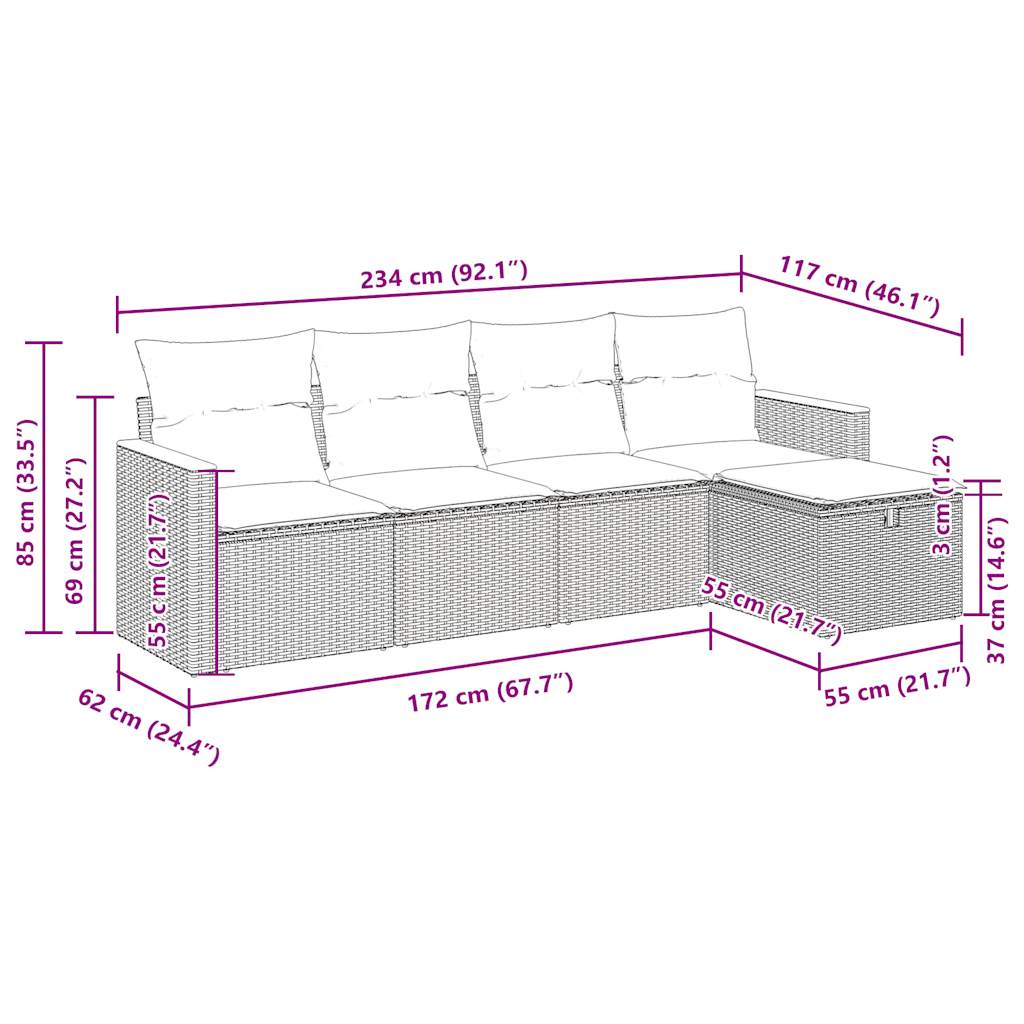 5-delige Loungeset met kussens poly rattan zwart