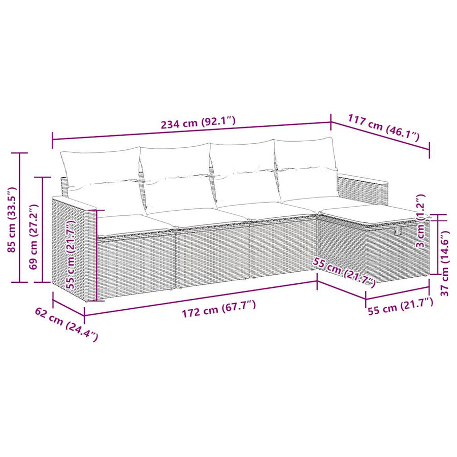 5-delige Loungeset met kussens poly rattan zwart