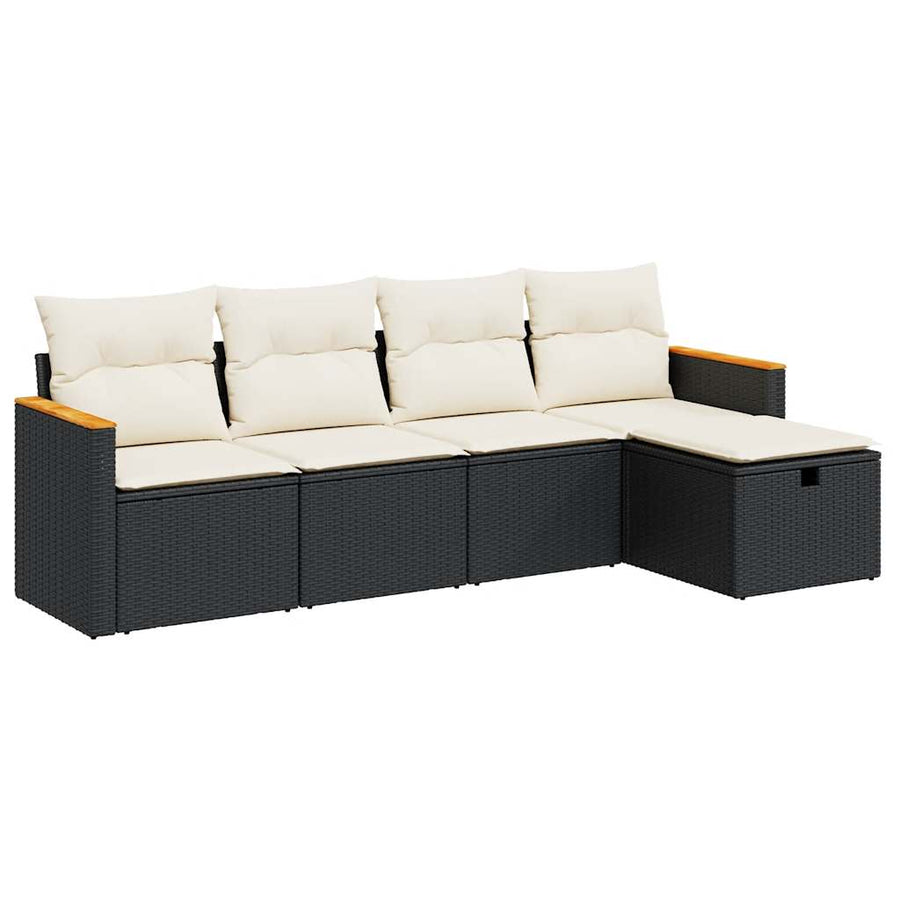 5-delige Loungeset met kussens poly rattan zwart
