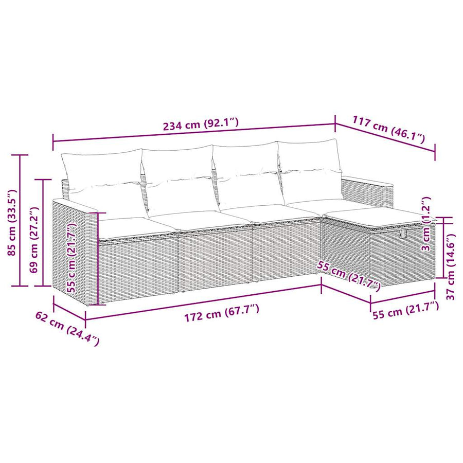 5-delige Loungeset met kussens poly rattan zwart