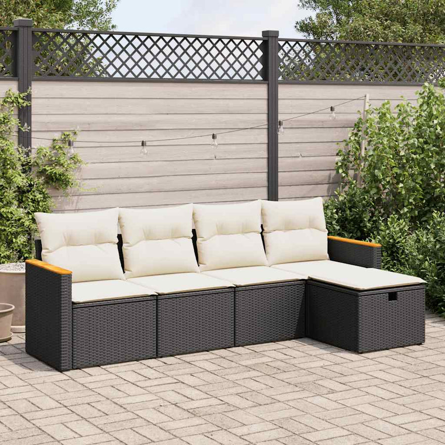 5-delige Loungeset met kussens poly rattan zwart
