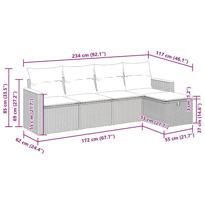 5-delige Loungeset met kussens poly rattan zwart