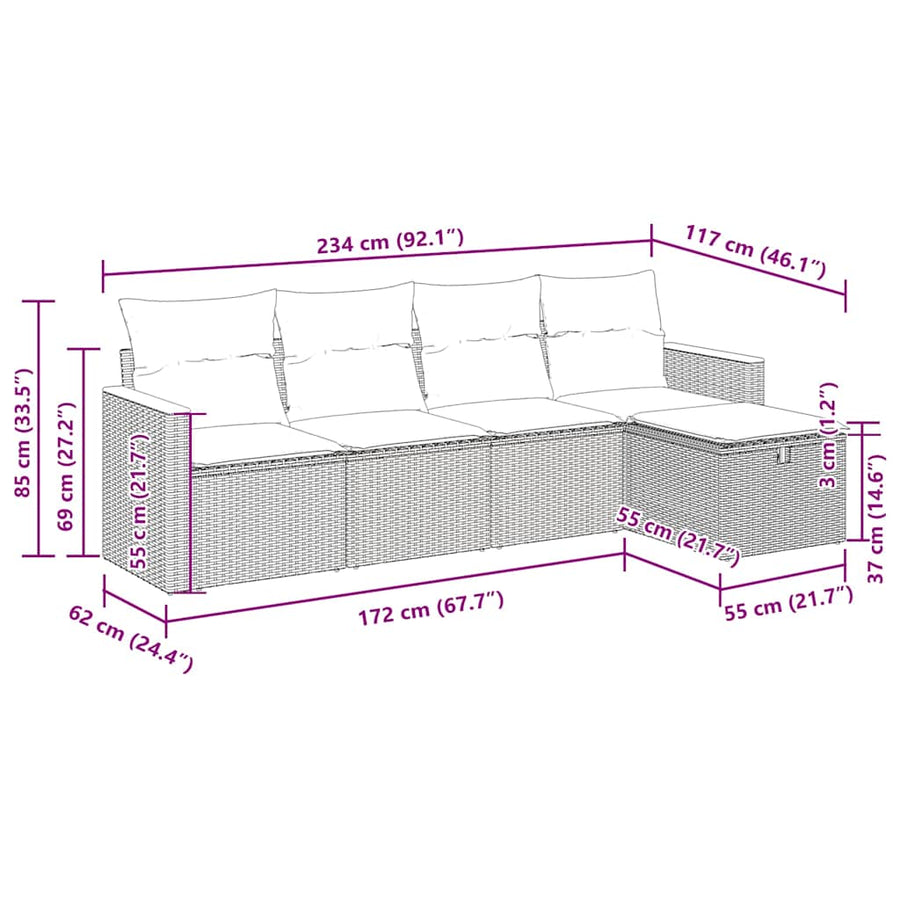 5-delige Loungeset met kussens poly rattan zwart