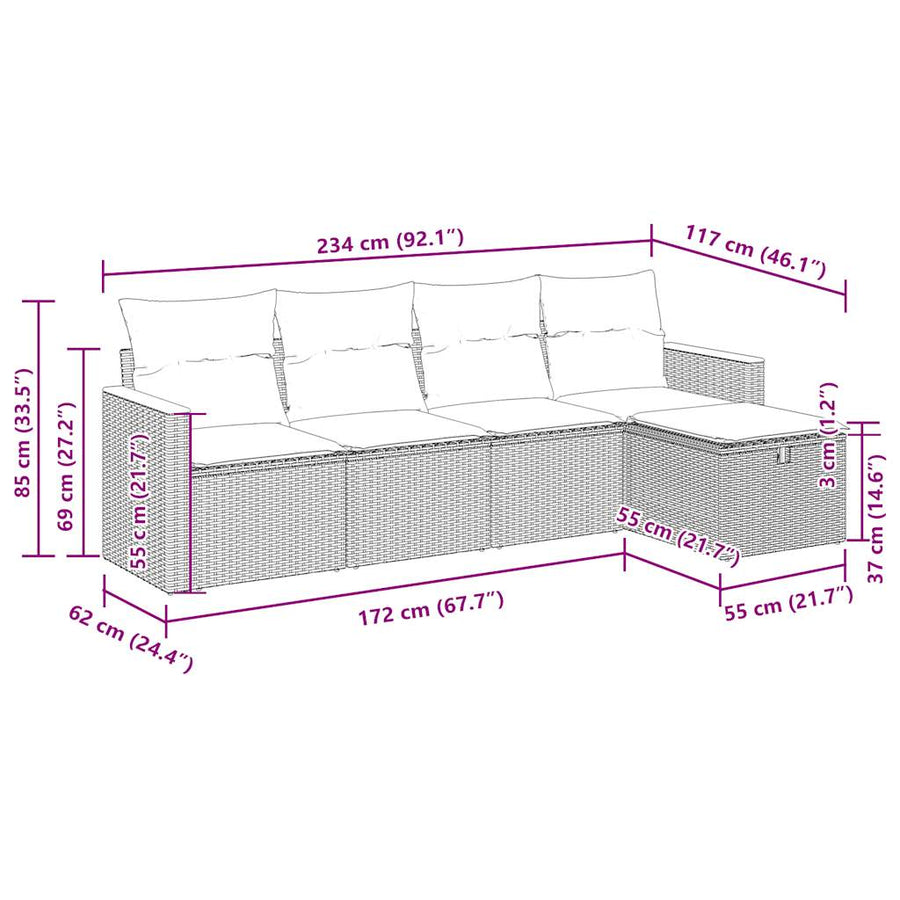 5-delige Loungeset met kussens poly rattan grijs