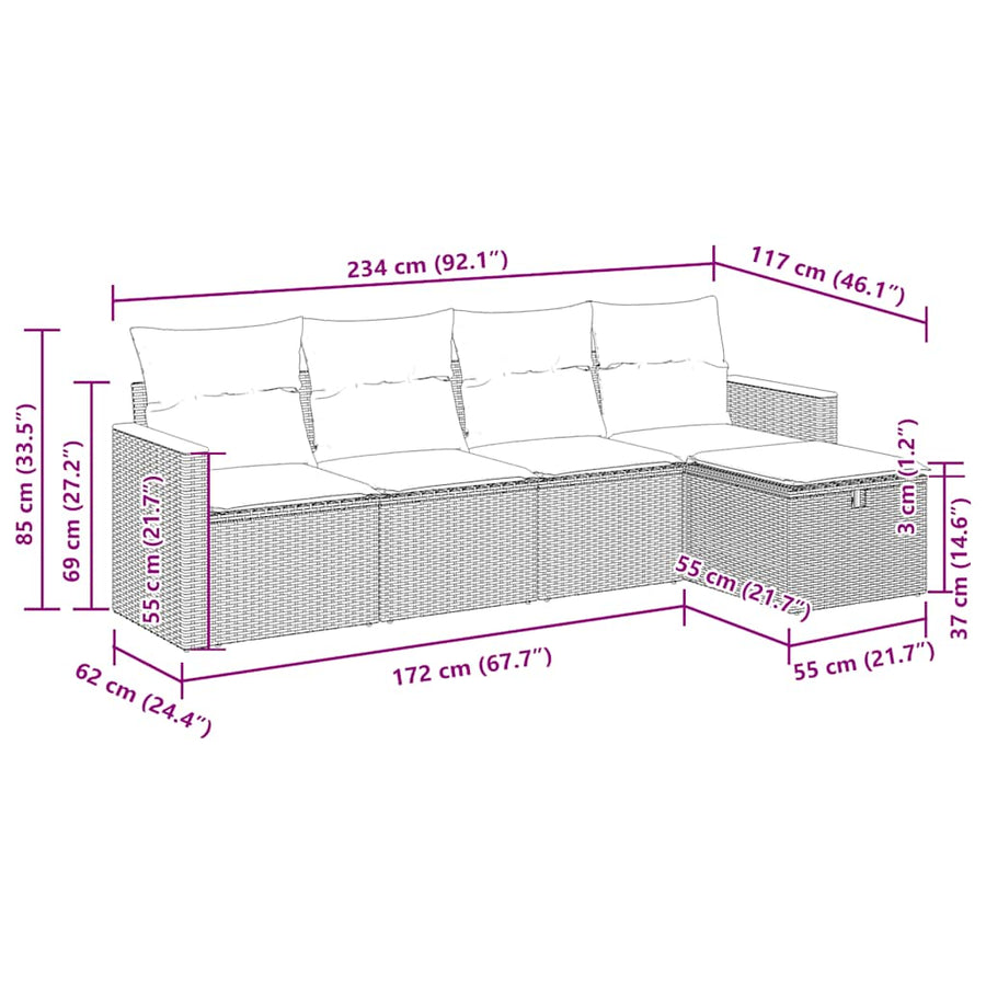 5-delige Loungeset met kussens poly rattan grijs