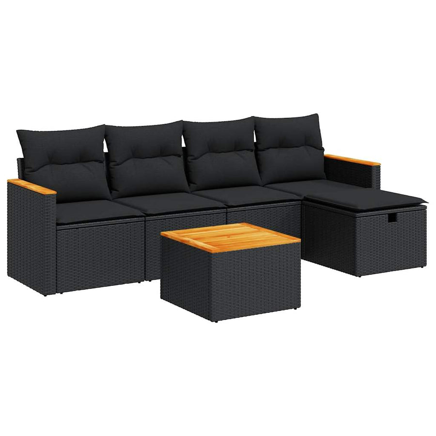 6-delige Loungeset met kussens poly rattan zwart