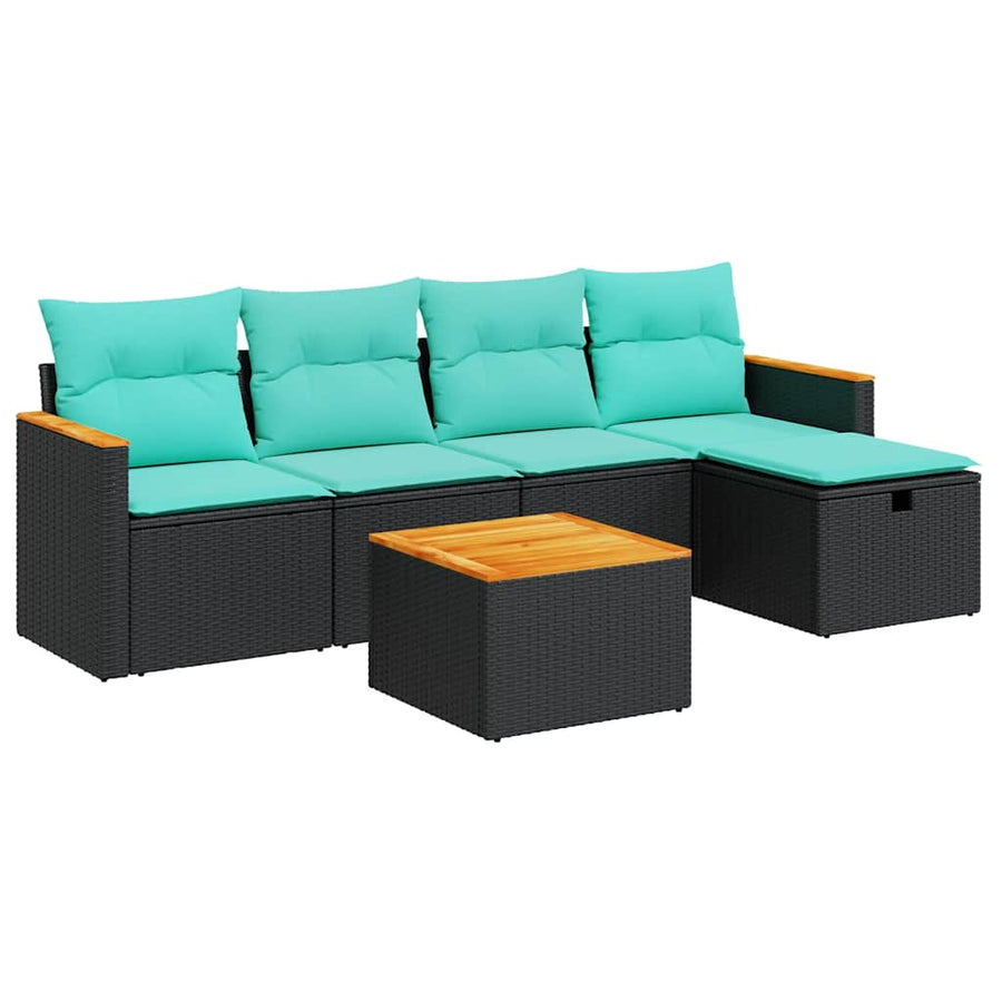 6-delige Loungeset met kussens poly rattan zwart