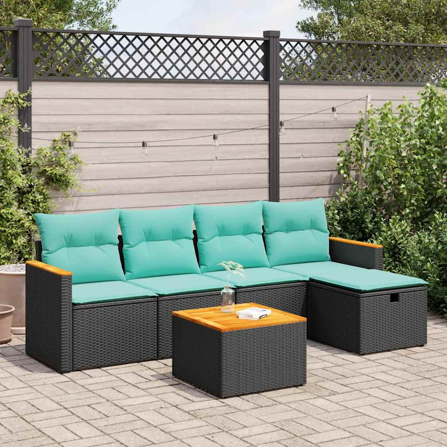 6-delige Loungeset met kussens poly rattan zwart