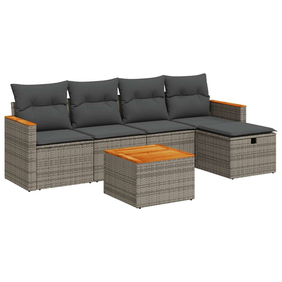 6-delige Loungeset met kussens poly rattan grijs