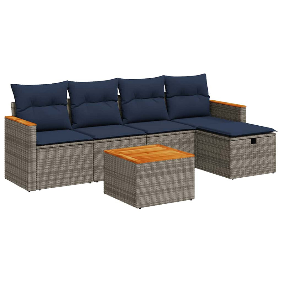 6-delige Loungeset met kussens poly rattan grijs