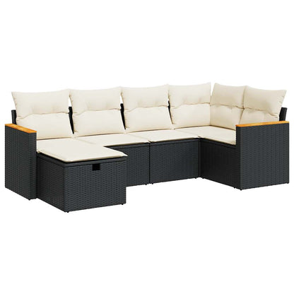 6-delige Loungeset met kussens poly rattan zwart