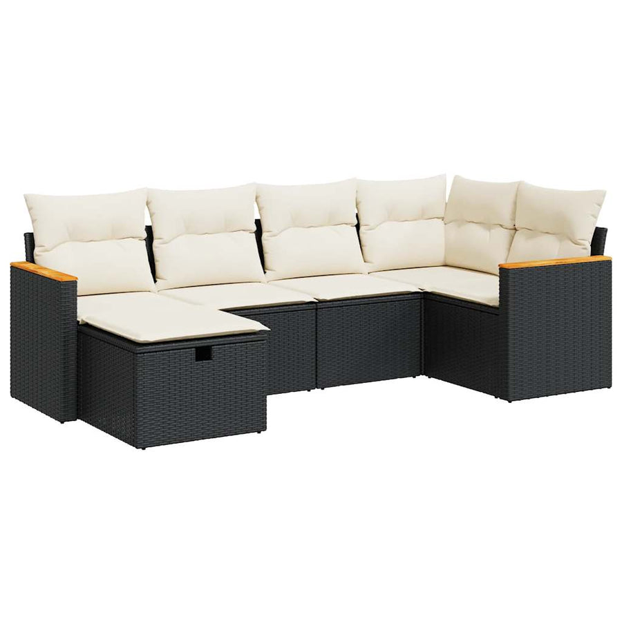 6-delige Loungeset met kussens poly rattan zwart