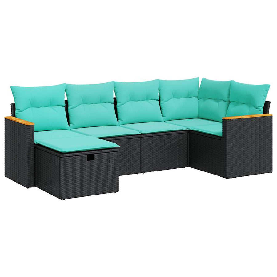 6-delige Loungeset met kussens poly rattan zwart