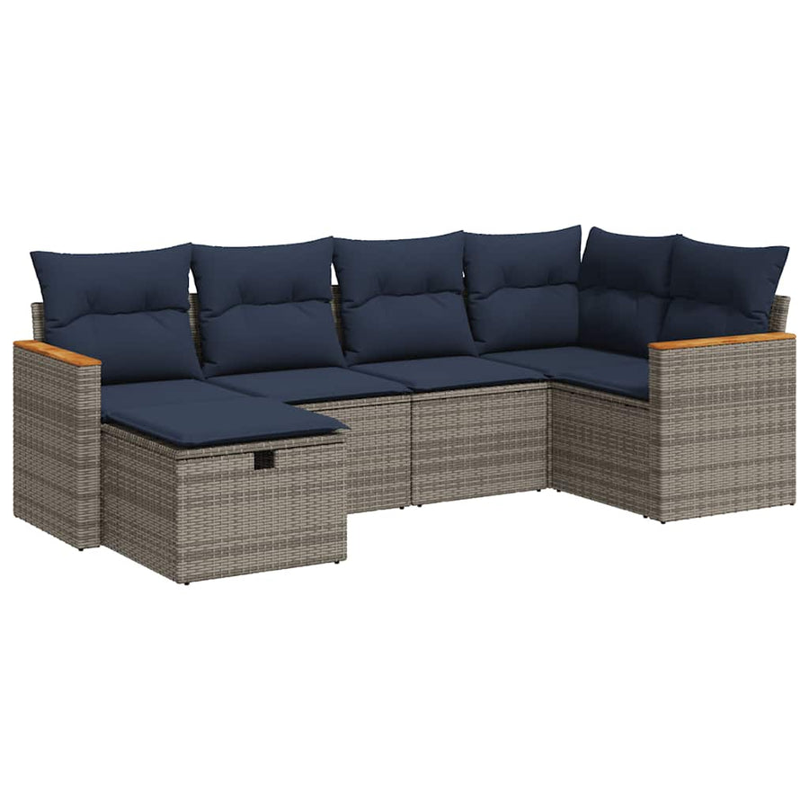 6-delige Loungeset met kussens poly rattan grijs