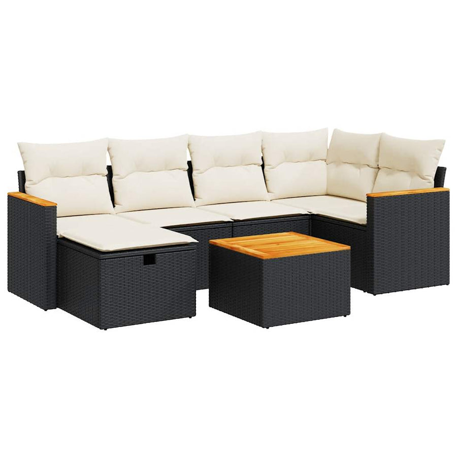 7-delige Loungeset met kussens poly rattan zwart