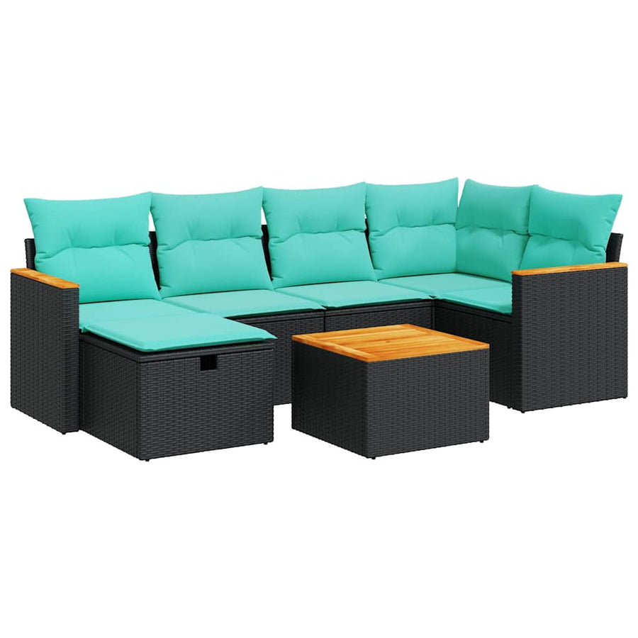7-delige Loungeset met kussens poly rattan zwart