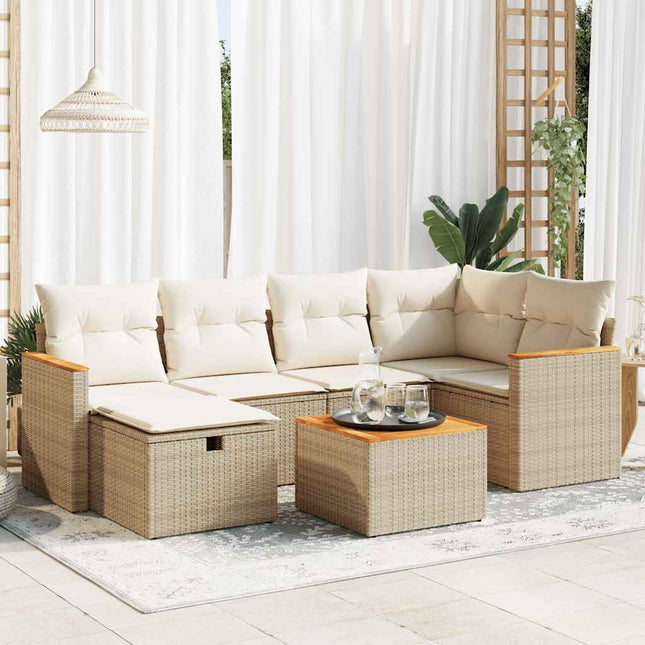 7-delige Loungeset met kussens poly rattan beige