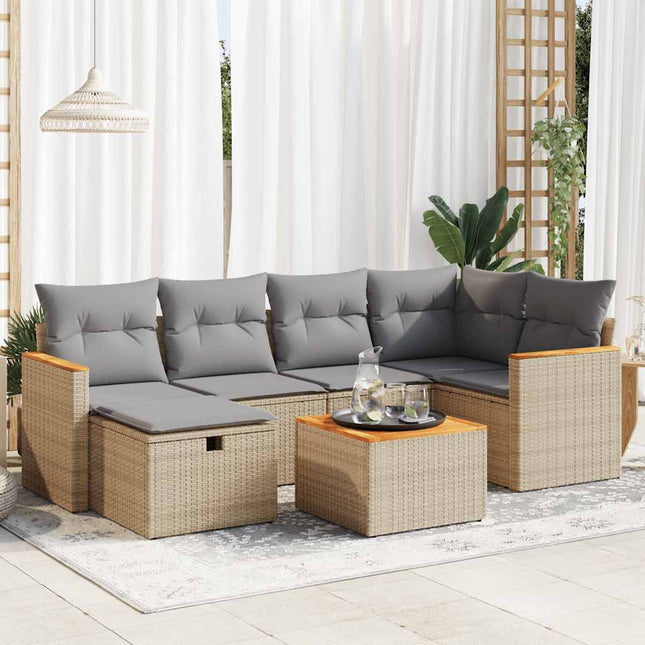 7-delige Loungeset met kussens poly rattan beige