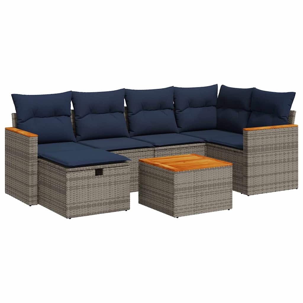 7-delige Loungeset met kussens poly rattan grijs