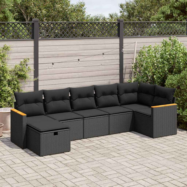 7-delige Loungeset met kussens poly rattan zwart