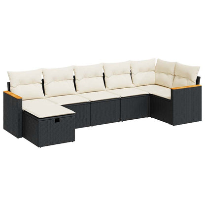 7-delige Loungeset met kussens poly rattan zwart