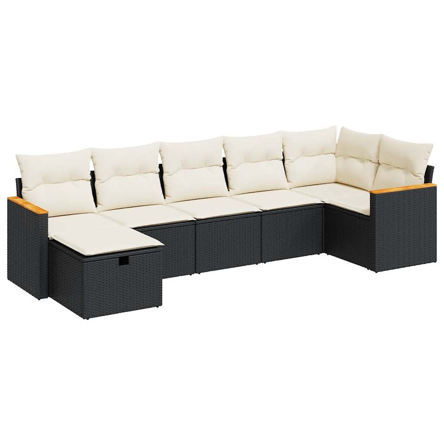 7-delige Loungeset met kussens poly rattan zwart