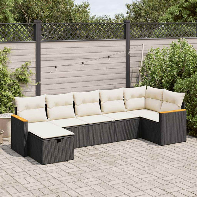 7-delige Loungeset met kussens poly rattan zwart