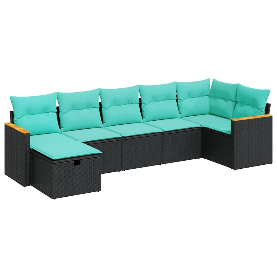 7-delige Loungeset met kussens poly rattan zwart