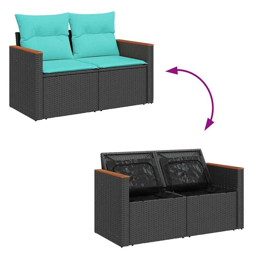 7-delige Loungeset met kussens poly rattan zwart