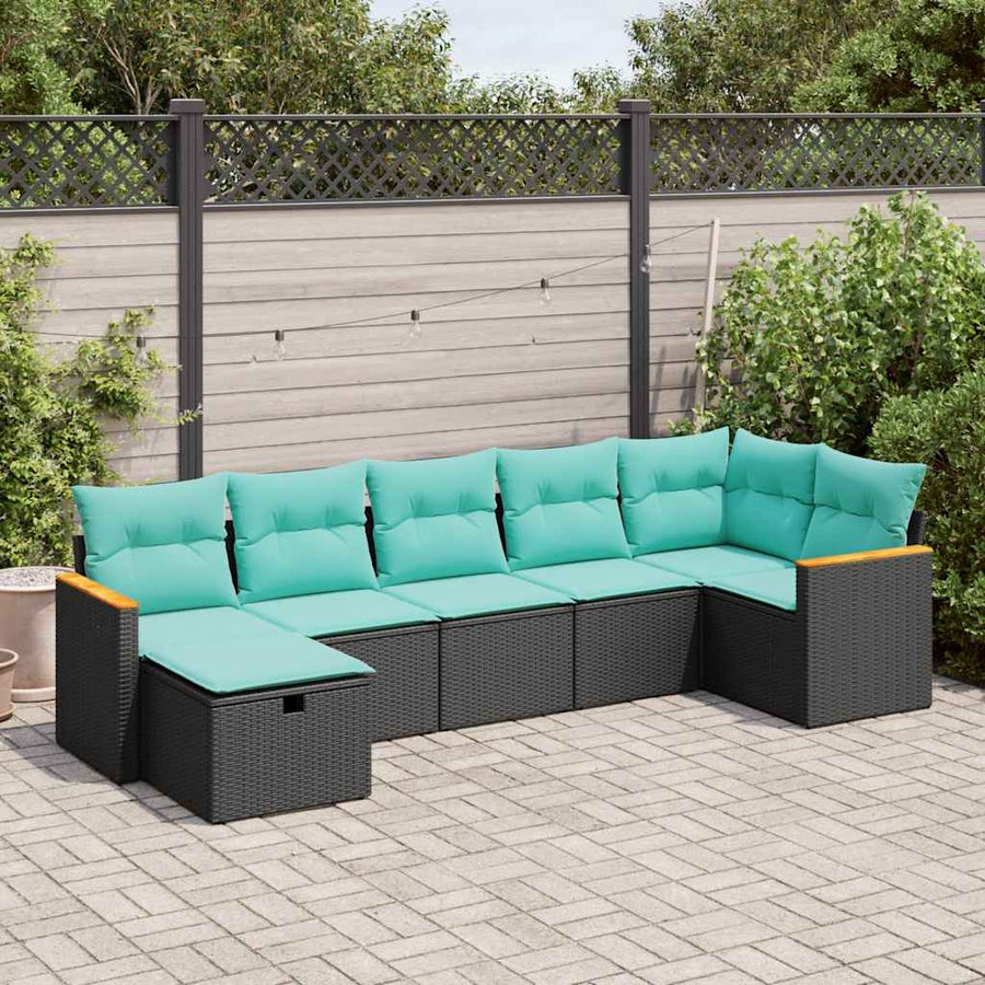 7-delige Loungeset met kussens poly rattan zwart