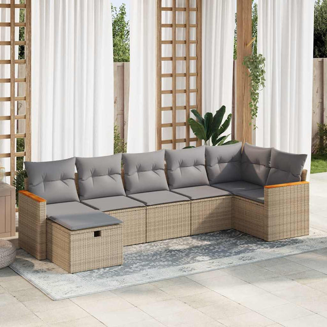 7-delige Loungeset met kussens poly rattan beige