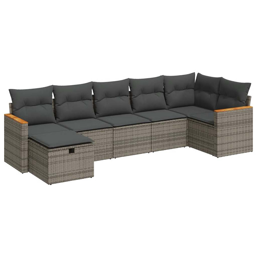 7-delige Loungeset met kussens poly rattan grijs